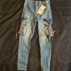 Blue Cargo Jeans with Lace-Up Detail